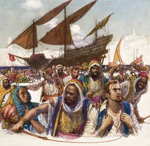 Captives of Arabs led in chains from the docks, with dhow in background by John Millar Watt
