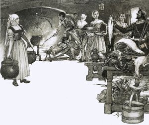 Cooking over an open fire in an Elizabethan kitchen by John Millar Watt