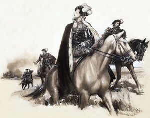 Unidentified queen leaving a smoking city under escort by John Millar Watt