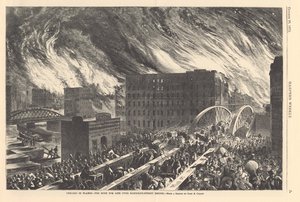 Chicago in flames - the rush for life over the Randolph Street Bridge, illustration from Harper