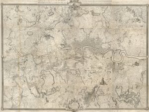 An 18th Century Map of London. An Exact Survey of the Cities of London, Westminster, the Borough of Southwark and the Country Near Ten Miles Around Begun in 1741 & Ended in 1745 by John Rocque Land Surveyor & Engraved by Richard Parr by John Rocque