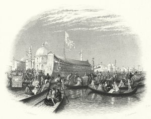 The marriage of the sea. The barge of the Doge and gondolas on the water in Venice