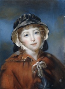 Portrait of a Girl, Bust Length, in a Red Cape Tied with a Bow and a Black Bonnet