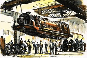 A Beyer-Garratt boiler section lifted clear of the two end units during an overhaul by John S. Smith