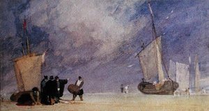 Figures of the Shore Unloading a Boat at Low Tide by John Sell Cotman