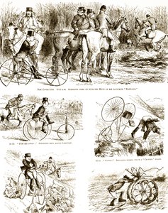 A cartoon depicting a man hunting on a tricycle