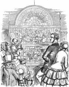 Albert, Prince Consort of Queen Victoria, showing off the Crystal Palace and the Great Exhibition in Hyde Park, London. John Tenniel cartoon from Punch London 1851. Wood engraving by John Tenniel