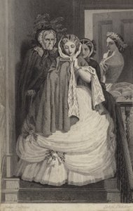 Beautiful girl, dressed for party, descending stairs