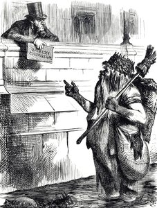 Cartoon commenting on the dirtiness of the Thames and the investigations into bribery during elections at Great Yarmouth, Reigate and Lancaster