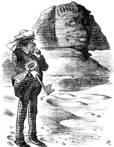Cartoon depicting Prime Minister Benjamin Disraeli holding the Suez Canal as the key to the British possession and influence in India