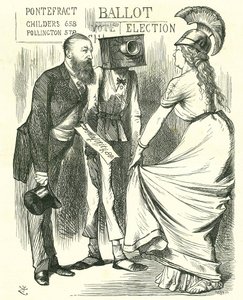 Hugh Childers (1827-1896) British parliamentarian, telling Britannia of the success of the new Ballot Box. John Tenniel cartoon from Punch, London, 24 August 1872.