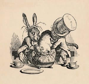 The Mad Hatter and March hare trying to put the Dormouse into a teapot