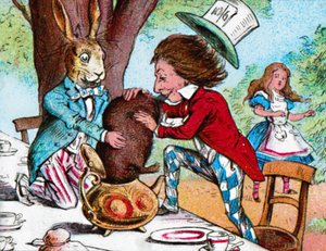 The Mad Hatter and the March Hare trying to put the Dormouse into a teapot, c1910