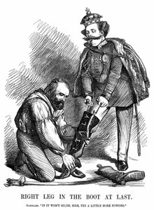 Unification of Italy: Giuseppe Garibaldi Helping Victor Emmanuel II Put on the Boot of Italy