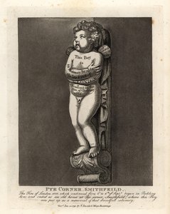 Monument of a boy on Pye Corner, Smithfield, to mark the Fire of London of 1666 in nearby Pudding Lane by John Thomas Smith