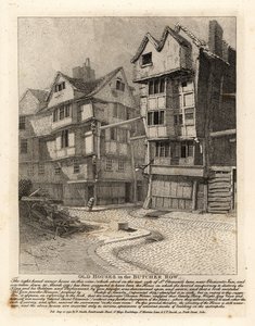 Old houses in the Butcher Row, London The right-hand corner house on St Clement’s Lane reputedly used by the leaders of the Gunpowder Plot