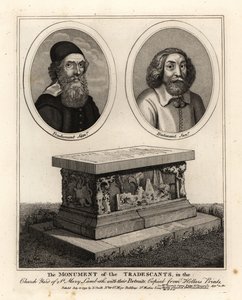 Oval portraits of naturalists and collectors John Tradescant the Elder and Younger, and their grave monument in the churchyard of St Mary Lambeth