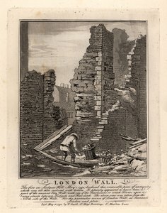 Ruins of the Roman London Wall exposed by the fire of May 1792 on Ludgate Hill