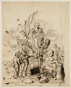 Children Playing near Statue in Garden by John Vanderbank