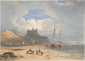 Bamborough Castle from the Northeast, with Holy Island in the Distance, Northumberland by John Varley