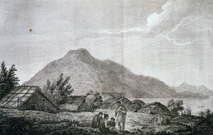 Inside hippah on island of Motuara, based on drawing by John Webber, from account of last voyage of James Cook