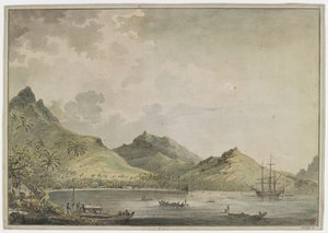 A View of the Harbour of Huahine with Peaked Mountains, Including Mount Turi, in the Background. In the Bay is the 