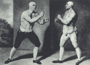 Early British barefist boxers, John Broughton and George Stevenson fight in 1741: Broughton invented boxing glove