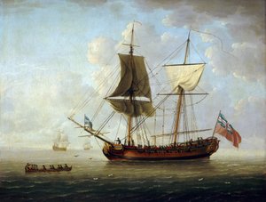 A British Brigantine, Carrying the Red Flag and the Union Jack, Offshore in a Calm Sea