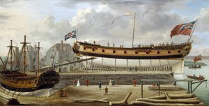 A sixth-rate ship (sixth rate), a British Royal Navy warship, in dry dock, the shipyard is probably that of Rotherhite, on the south bank of the Thames (England)