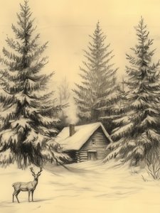 Rustic Winter Cabin Deer