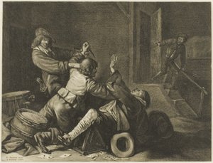 Three Men Struggling in an Interior