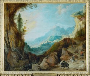 Mountainous Landscape with a Bridge and Four Horsemen by Joos de (follower of) Momper