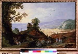 Landscape with a Chapel on a Hill. Peasants with plows walking on the paths. by Joos or Josse de The Younger Momper