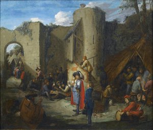 An Officer Reading a Letter in a Military Encampment Beside the Walls of a Castle by Joos van Craesbeeck