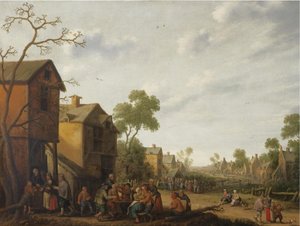 A Village Scene with Peasants Eating and Drinking Outside an Inn, Beggars to the Left