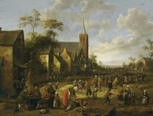 A Busy Village Street with Numerous Figures, Peasants Eating and Drinking at a Table in Foreground, a Church Tower Beyond