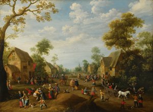 A Village Kermesse with Numerous Peasants Feasting