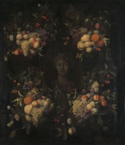 Simulated Sculpted Head of a Woman in a Cartouche Decorated with Swags of Fruit by Joris van Son
