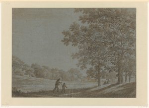 Walkers on a Road Along Tall Trees