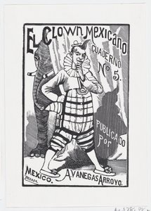 A clown standing with one hand on his hip and an elephant peering out from behind
