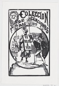 A man bending down to look at a woman with a sign on her back, illustration