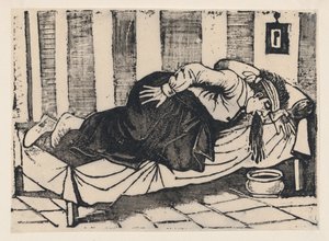 A man leaning over the side of a bed vomiting, from a broadside entitled 