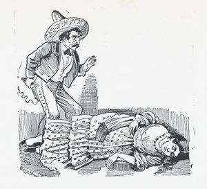 A man with a gun standing over a woman he has just shot, ca. 1880-1910