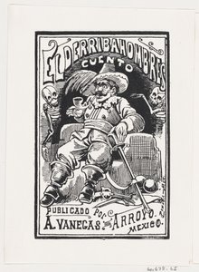 A Man with Weapons and a Pipe in His Mouth Flanked by Two Skeletons, Illustration, ca. 1880-1910