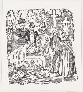 A Skeleton Covered with a Sheet Crying in a Cemetery