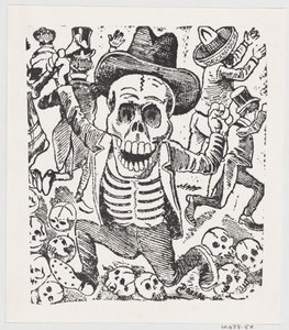 A skeleton holding a bone and leaping over a pile of skulls while people flee