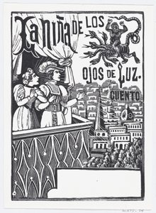 A woman and a man standing on a balcony looking up at a flying monster in the sky by José Guadalupe Posada