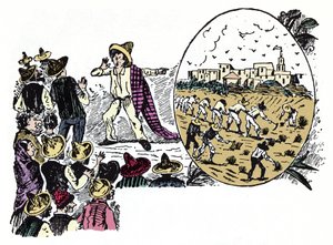 The Mexican Revolution (1910-1920): story of hard work by one of the workers in the Valle Nacional, circa 1908 - Xylography by Jose Guadalupe Posada
