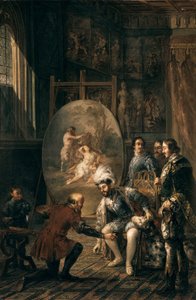 Charles V Picking Up the Brush of Painter Titian. Painting by Jose Felipe Parra (1824-1864)