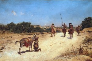 The Meeting of Sancho Panza and His Donkey Rucio, Illustration of Don Quixote by Jose Moreno Carbonero